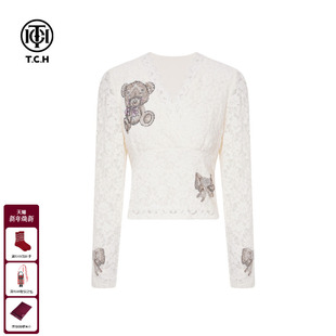 新款 上衣女25冬季 T75D02E5001 气质蕾丝V领打底衫 TCH私服烫钻时尚