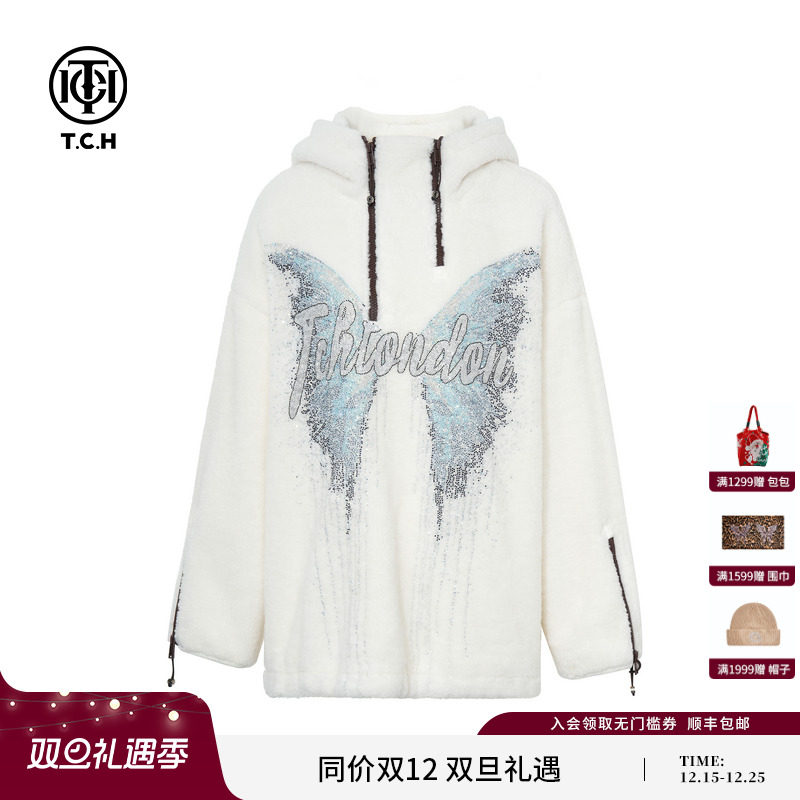 TCH25秋冬新款烫钻宽松时尚半拉链连帽宽松卫衣外套女T75D12E1003