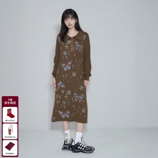 TCH温柔松弛感彩蝶烫钻复古翻领针织连衣裙连衣裙女T75D30E1046