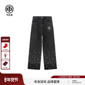 女2025春夏新款 TCH翻边烫钻时尚 显瘦百搭宽松阔腿直筒做旧牛仔裤