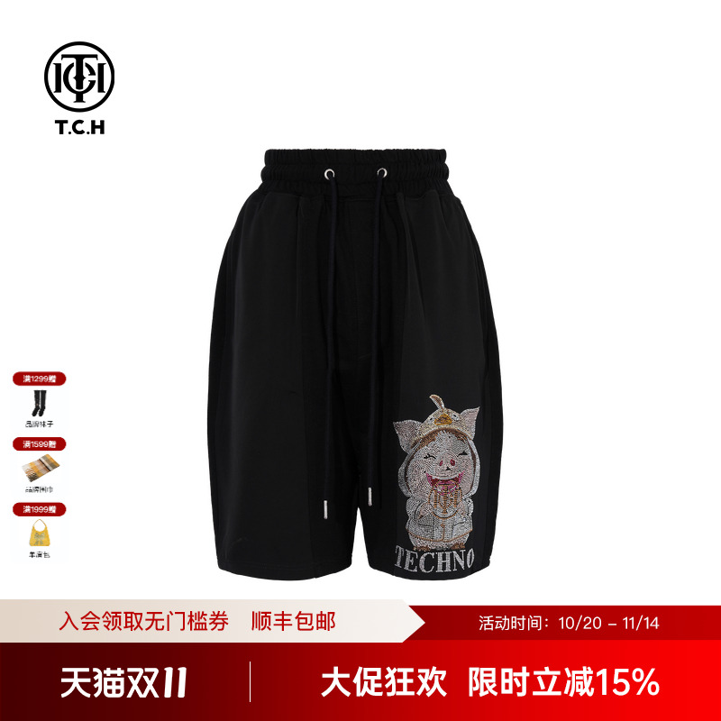 TCH私服烫钻日常通勤百搭阔腿宽松休闲短裤25秋季新款T75C21B1009