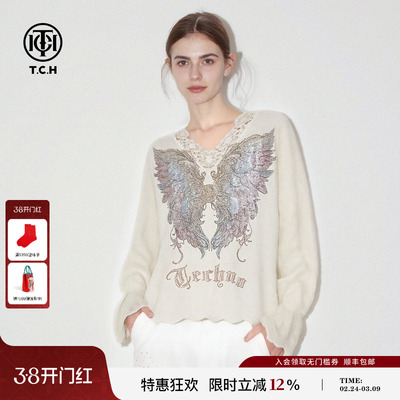 TCH温柔风烫钻提花蕾丝边V领领针织衫女2025冬季新款T75D09E1289