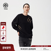 TCH2025春秋新款 烫钻黑色卫衣男宽松休闲百搭圆领衫 女T72C116007