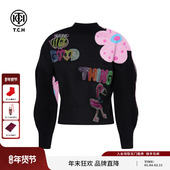 TCH2025秋冬新款 黑色毛衣女T75D09E1125 针织衫 时尚 烫钻套头波浪袖
