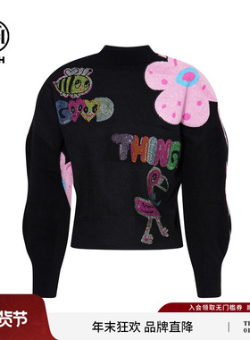 TCH2025秋冬新款时尚烫钻套头波浪袖针织衫黑色毛衣女T75D09E1125