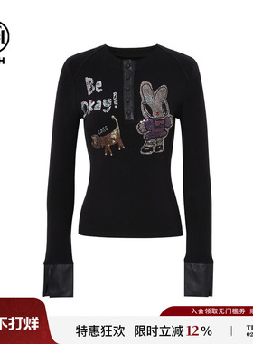 TCH私服烫钻黑色长袖T恤女25秋冬新款修身显瘦短上衣T75D08E1002