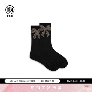 TCH蝴蝶结烫钻黑色中筒袜女ins潮流百搭运动休闲袜子T75D55E1013