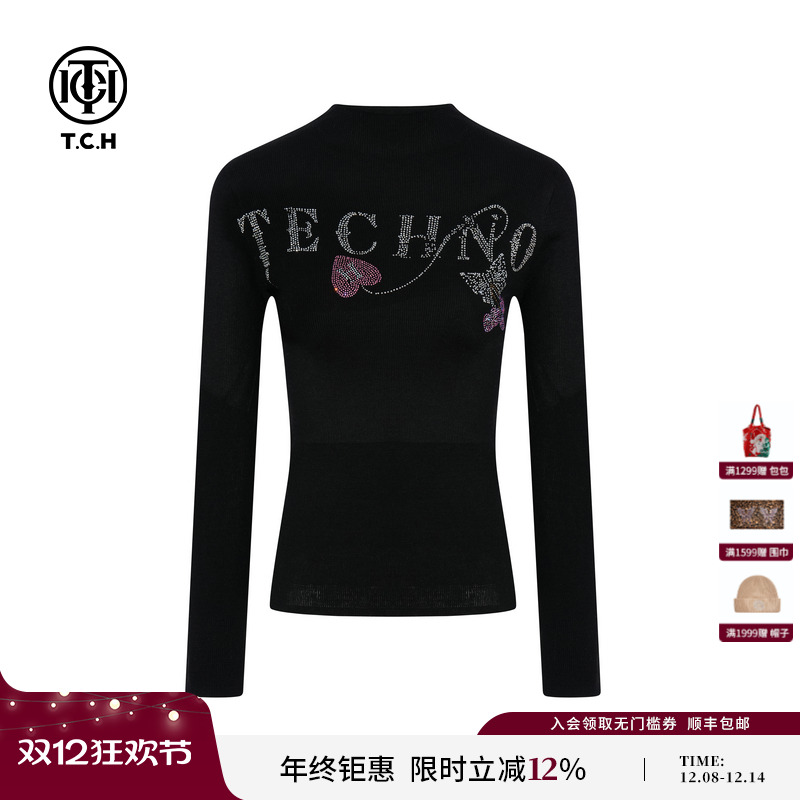 TCH私服烫钻时尚百搭修身显瘦半高领针织衫女秋冬新款T75D09E1015
