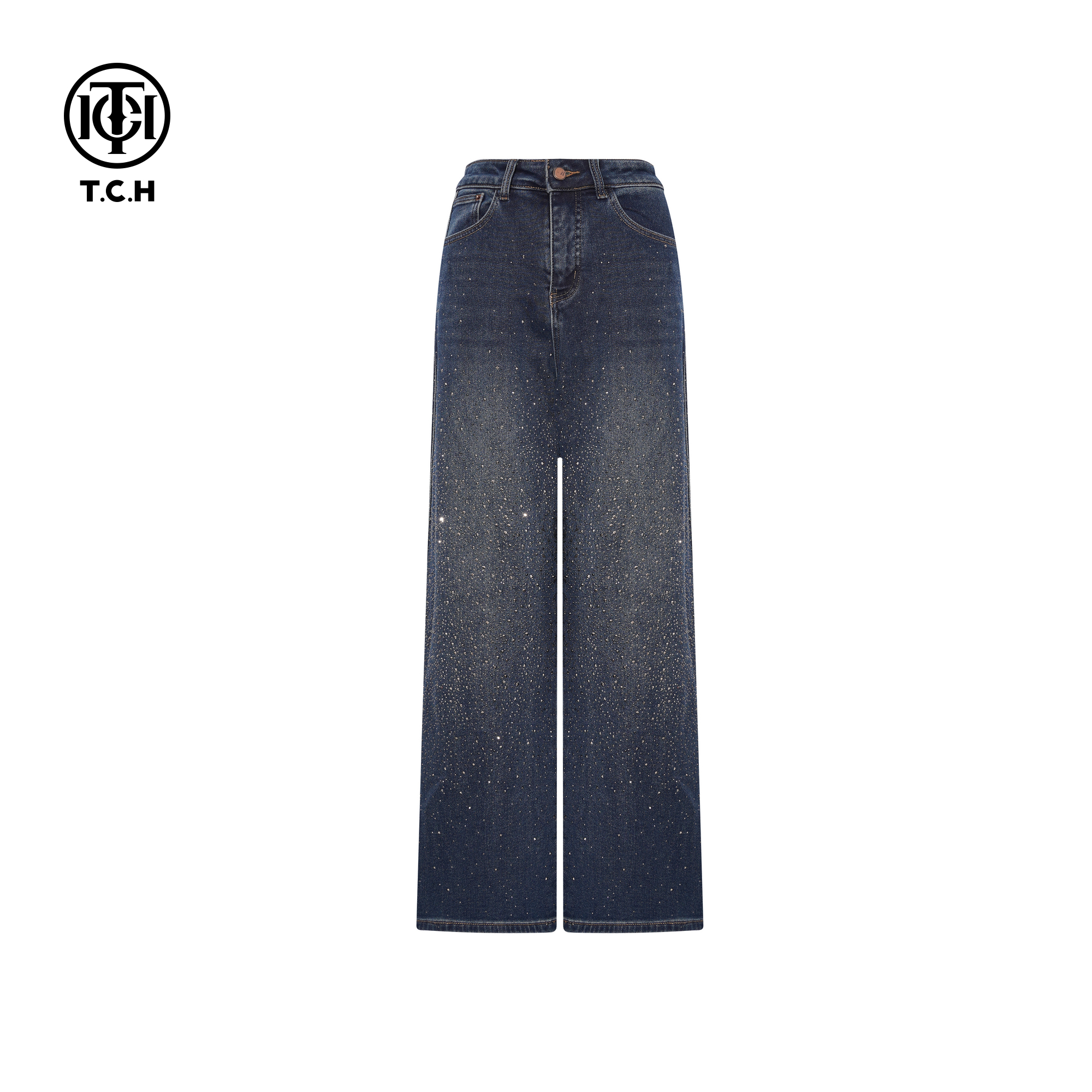 TCH百搭时尚烫钻高腰显瘦直筒牛仔裤女2025冬季新款T75D20E1166