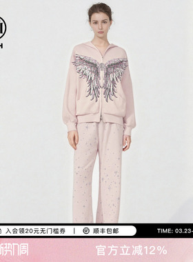 TCH慵懒宽松连帽烫钻星翼拉链衫外套女直筒针织裤套装T78A07E1073