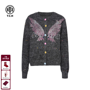 TCH私服烫钻翅膀时尚 女25秋冬T75C43E1019 休闲百搭绵羊毛针织开衫