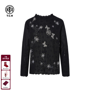 新款 女2025冬季 T75D09E1101 黑色半高领打底针织衫 TCH私服烫钻时尚