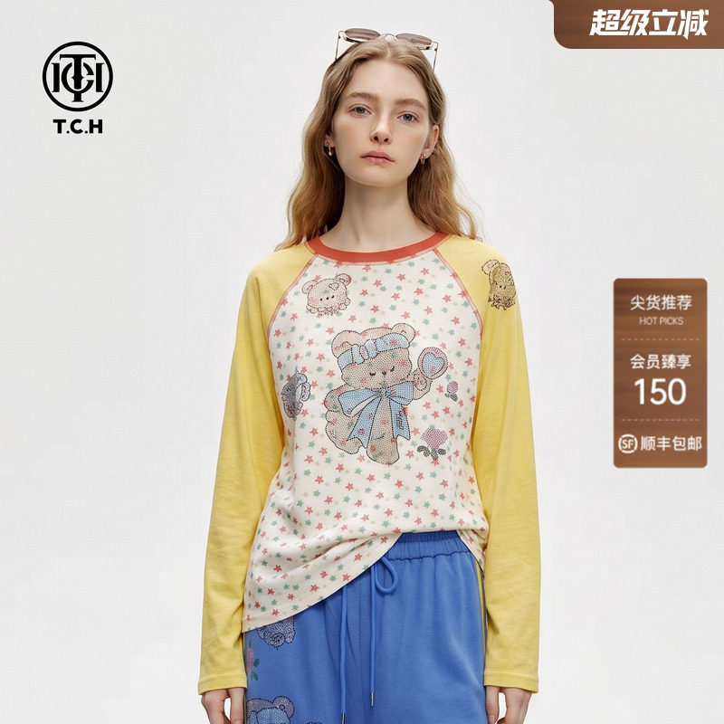 TCH韩系童趣撞色插肩长袖T恤女2026秋季新款休闲宽松圆领打底上衣