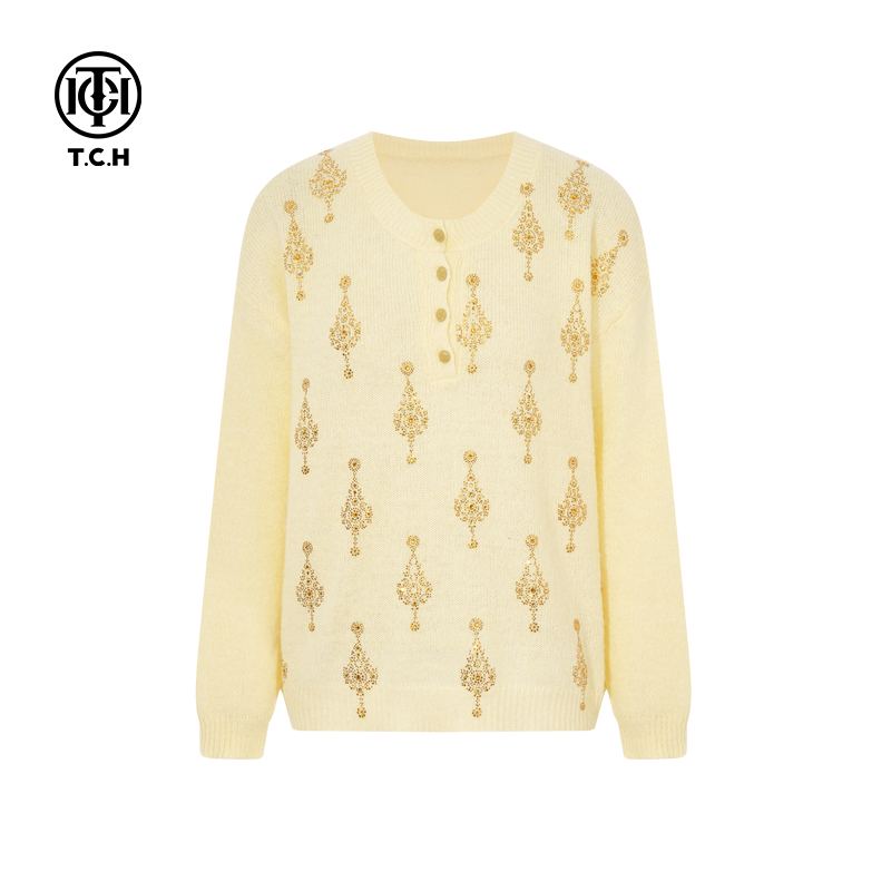 TCH私服25秋冬新款慵懒休闲烫钻时尚减龄宽松针织衫女T75D09E1036