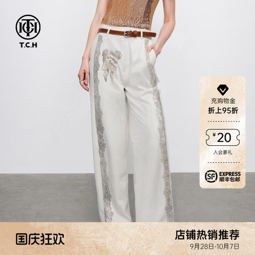 TCH烫钻时尚百搭小熊宽松阔腿休闲裤女2026夏季新款T75B20E5029