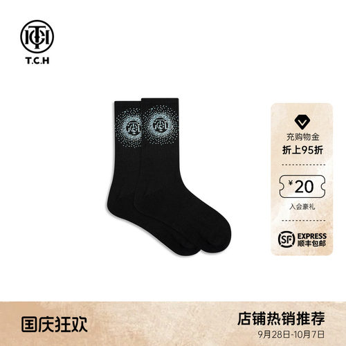 TCH时尚潮牌烫钻休闲百搭黑色中筒袜女T75D55E1005