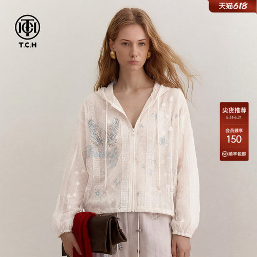 TCH暗纹提花蕾丝烫钻连帽外套