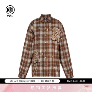 TCH轻奢潮牌烫钻街头休闲宽松格子衬衫 T75C13E9003 上衣男女同款