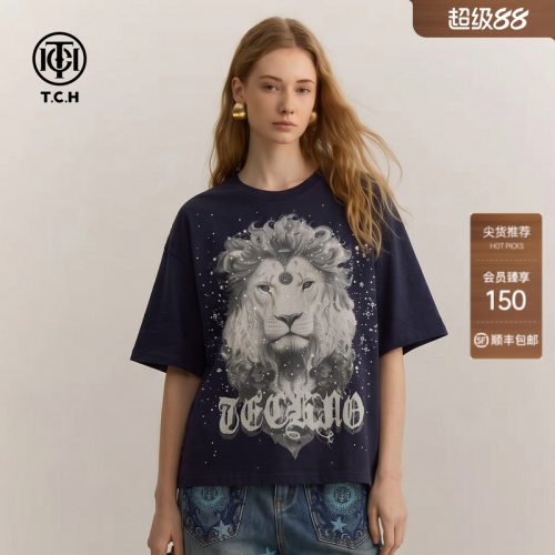 TCH休闲潮流烫钻藏青色短袖T恤男女同款2026春夏新品T78B10602026