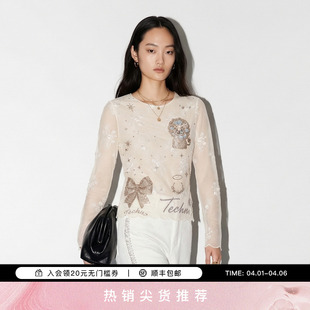 TCH法式 女圆领波浪边烫钻狮子气质网纱上衣T78A02E1043 叠穿打底衫