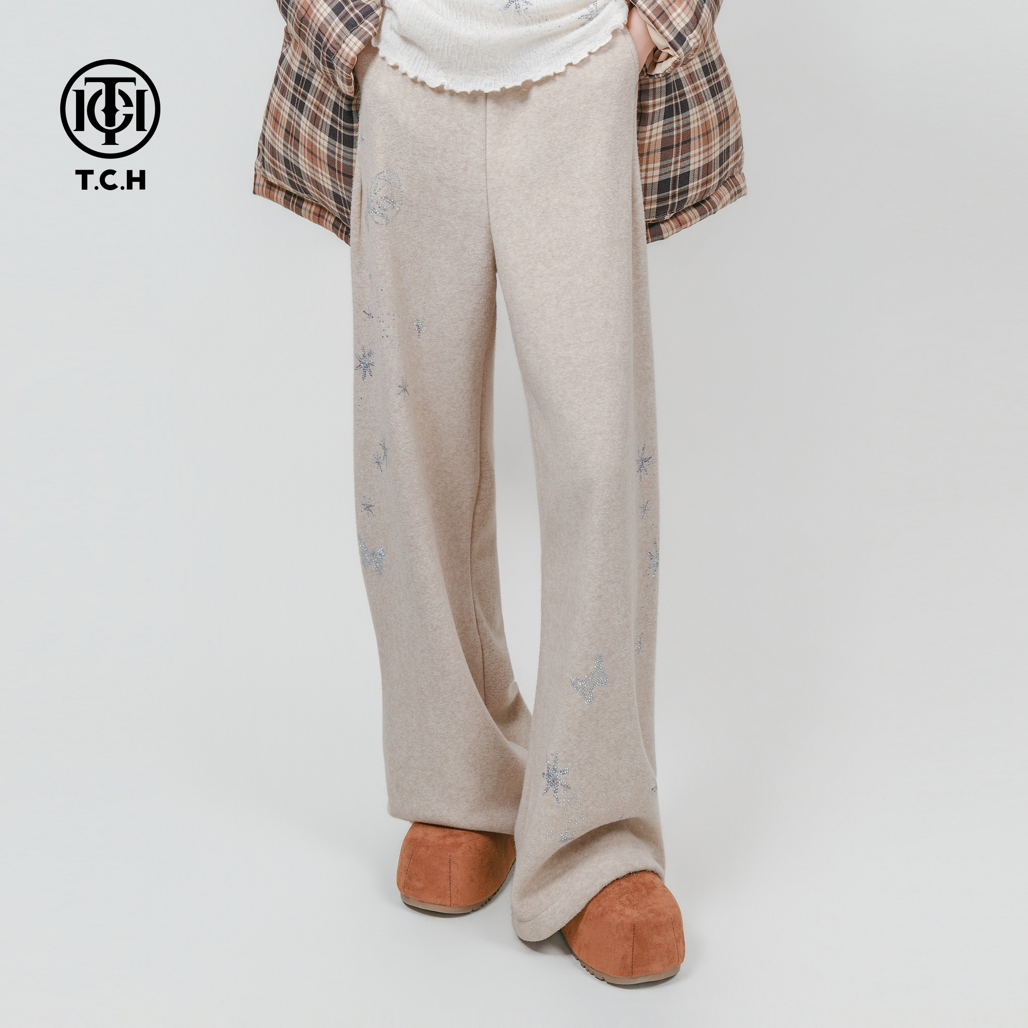 TCH私服25秋冬新款慵懒烫钻时尚阔腿宽松加绒休闲裤女T75D20E1041