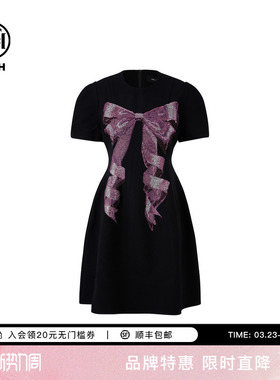 TCH高定蝴蝶结烫钻气质黑色连衣裙女2025夏季新款T75A30E1001