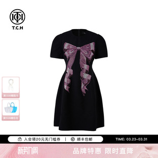 TCH高定蝴蝶结烫钻气质黑色连衣裙女2025夏季 T75A30E1001 新款