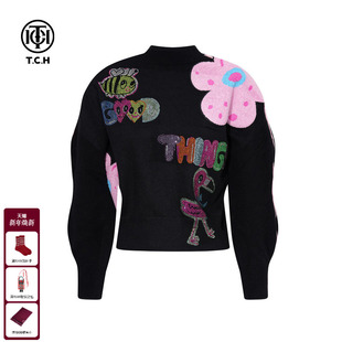 针织衫 烫钻套头波浪袖 黑色毛衣女T75D09E1125 时尚 TCH2025秋冬新款