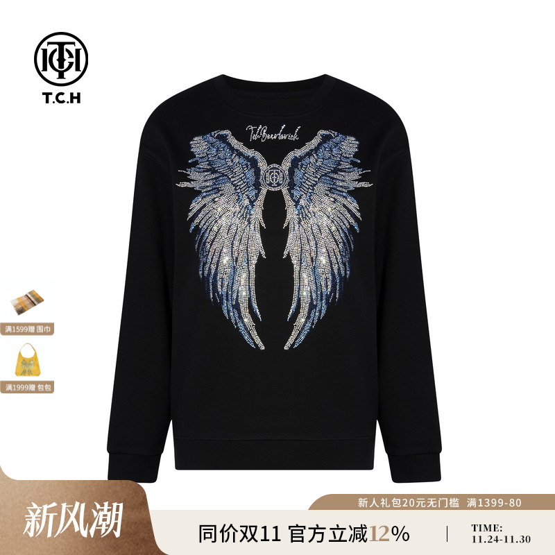 TCH轻奢潮牌烫钻25秋季新款休闲宽松长袖T恤男女同款T75C08E5035