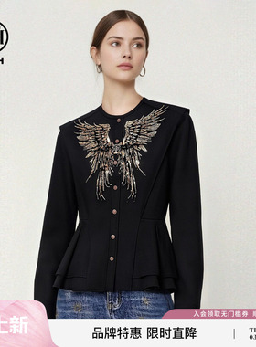 TCH烫钻天使之翼黑色气质收腰修身显瘦长袖衬衫上衣女T78A13E1017