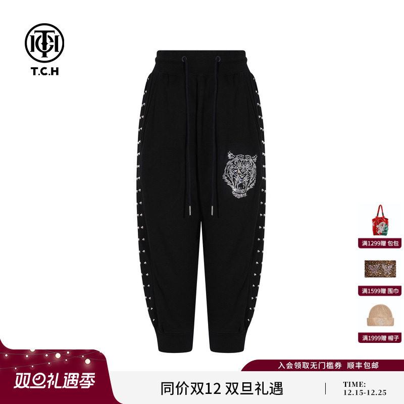 TCH私服烫钻时尚潮牌虎头运动裤休闲束腿短裤25秋新款T75C21B9006