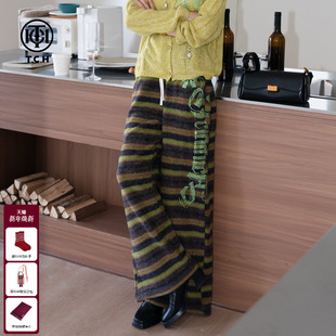 TCH私服字母烫钻宽松垂感直筒显瘦复古条纹阔腿裤 女T75C20E5171X