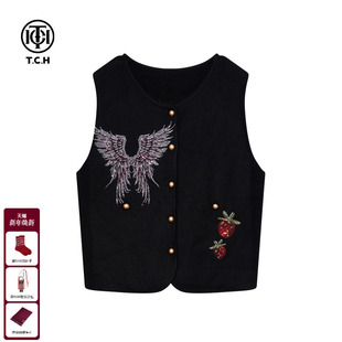 TCH时尚 圆领上衣女T75D09E5042 烫钻黑色针织马甲女秋冬叠穿开衫