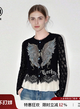 TCH收腰修身蕾丝雪纺拼接烫钻幻彩天使之翼针织开衫女T78A43E1051