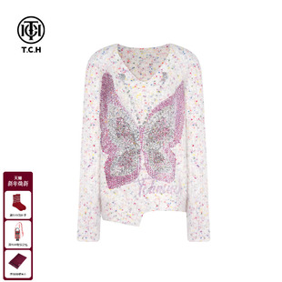 TCH彩色糖点粉晶晶蝴蝶烫钻百搭V领长袖 25秋冬T75C09E1150 针织衫