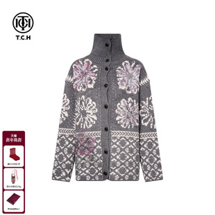 TCH烫钻提花费尔岛高领毛衣宽松百搭针织开衫 外套女T75D43E1106