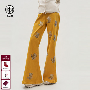 TCH复古潮酷姜黄色高腰宽松满钻小熊微喇阔腿牛仔裤 女T75D20E1311