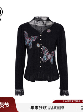 TCH时尚烫钻优雅拼接蕾丝黑色打底衫上衣女2025秋冬款T75D02E5011