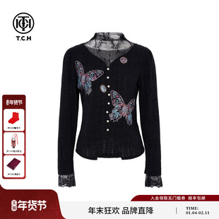 TCH时尚烫钻优雅拼接蕾丝黑色打底衫上衣女2025秋冬款T75D02E5011