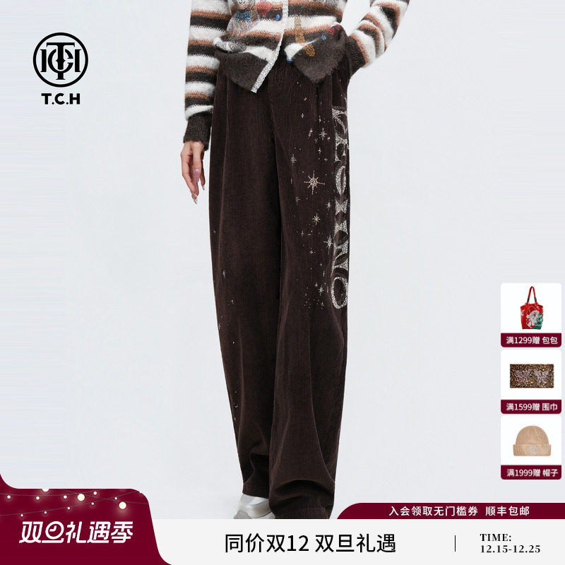 TCH私服字母烫钻美式休闲高腰显瘦阔腿裤女25秋季新款T75C20E1152