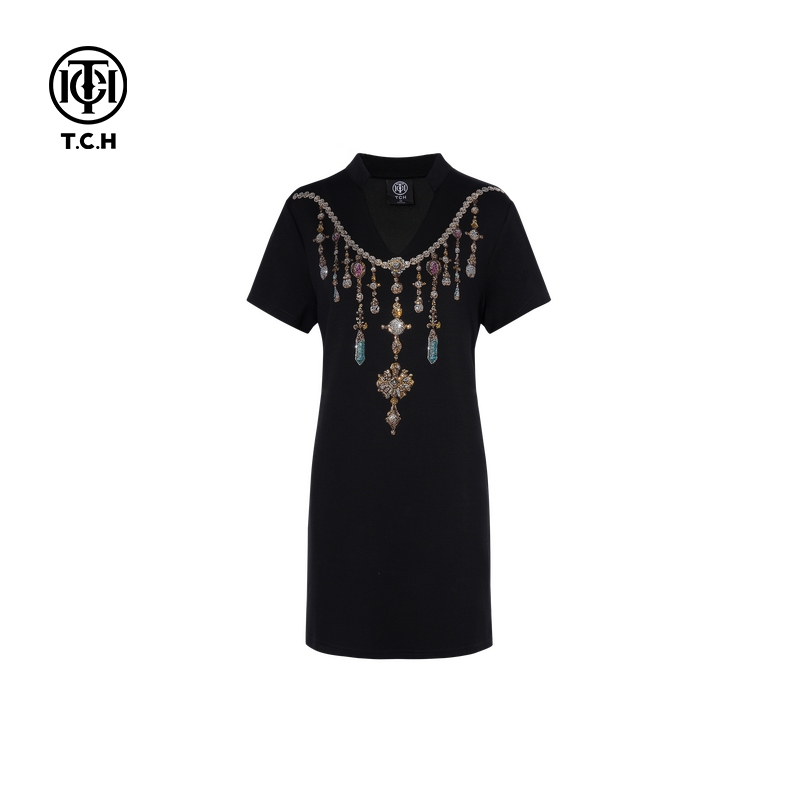 TCH 轻奢烫钻时尚百搭宽松显瘦V领连衣裙女夏季新款T75B30E1026
