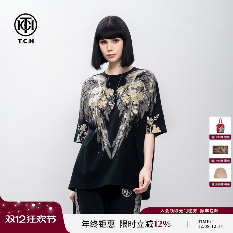 TCH烫钻花朵大翅膀宽松休闲百搭圆领短袖T恤男女同款2025夏季新款