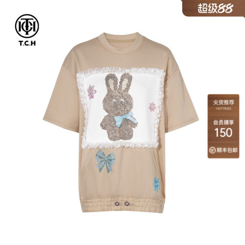 TCH烫钻可爱兔洋气减龄宽松百搭短袖T恤女春夏T75C10B1007