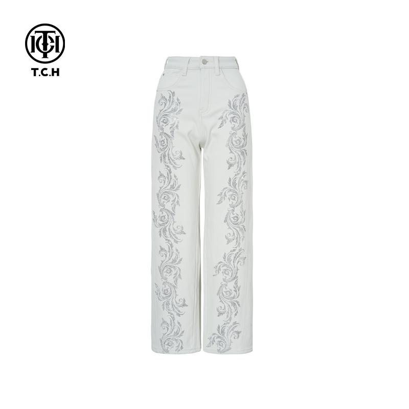 TCH私服25秋冬新款烫钻时尚休闲灰色直筒显瘦牛仔裤女T75D20E1059