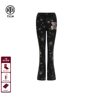 T75C20E9007 女25秋冬新款 TCH轻奢潮牌烫钻黑色微喇修身 显瘦牛仔裤