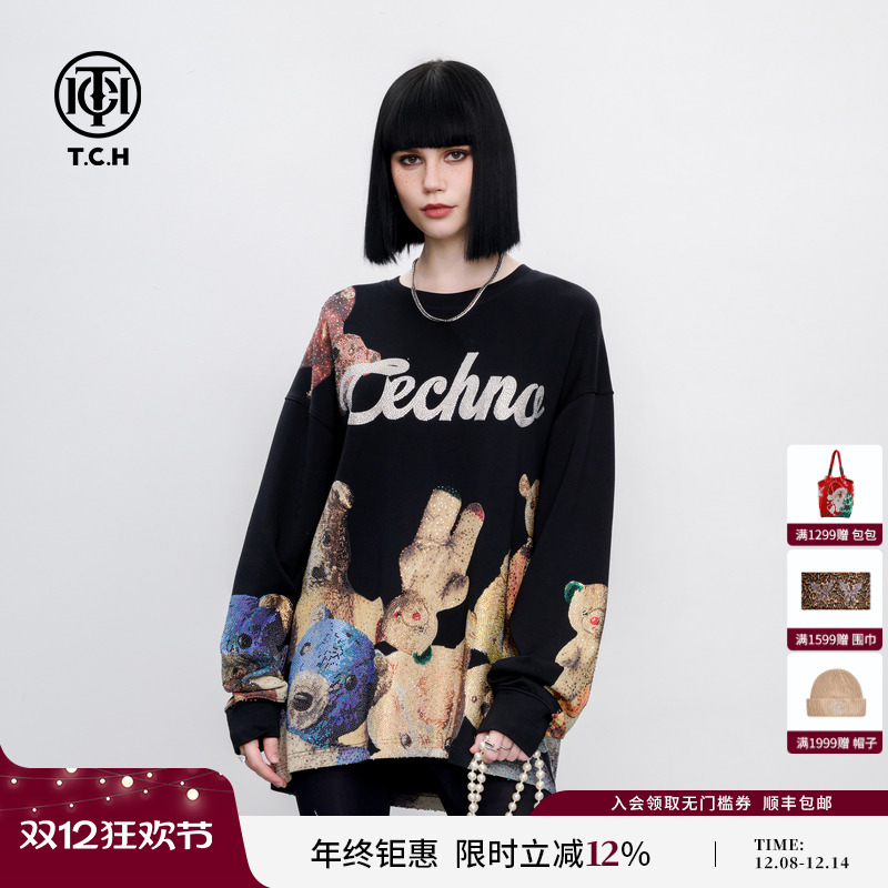 TCH 烫钻卡通趣味小熊宽松潮酷休闲长袖T恤男女同款2025夏季新款