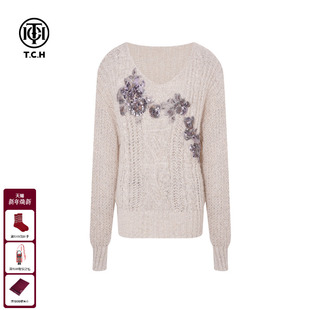 TCH私服慵懒风烫钻时尚 女T75C09E1165 卡其色宽松圆领绵羊毛针织衫