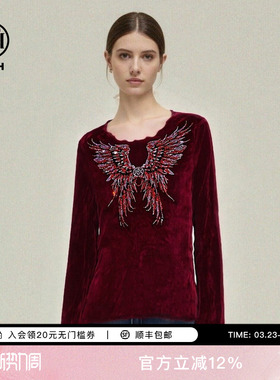 TCH烫钻天使之翼酒红色丝绒复古优雅气质打底衫上衣女T78A02E1002