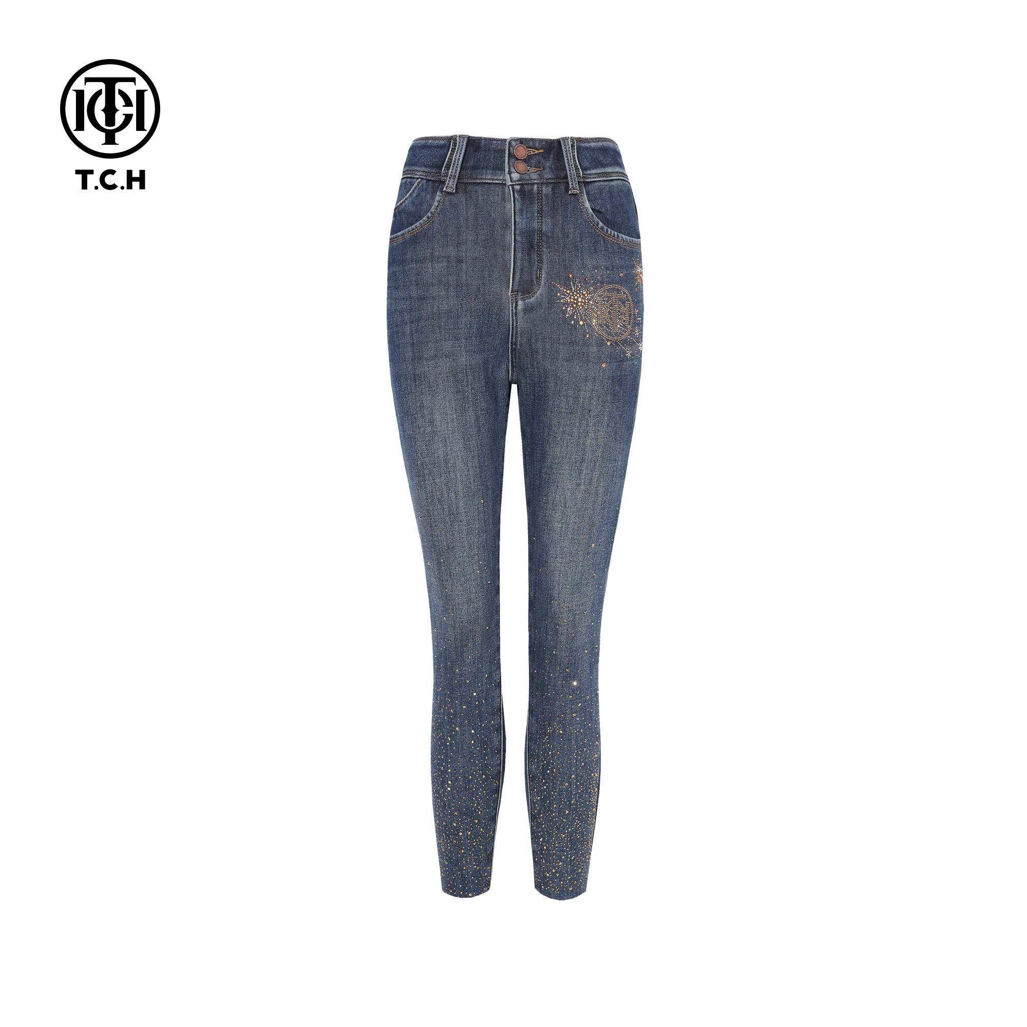 TCH百搭时尚烫钻复古高腰修身牛仔裤女2025冬季新款T75D20E1223