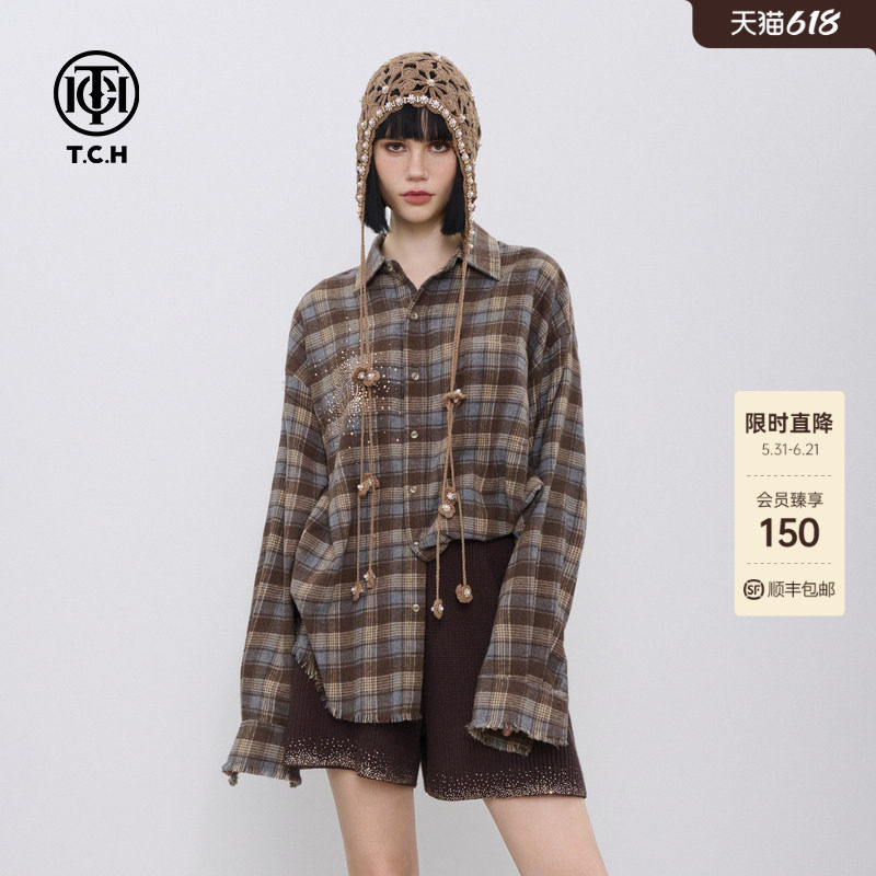 TCH复古港风奢华烫钻格子衬衫女高级感流苏新款上衣T78A13E5002